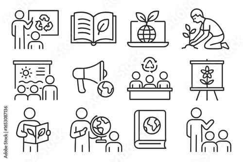 Eco Education Icons. Line style icons of environmental education: eco lesson, green curriculum icon, sustainability module,