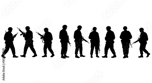 Silhouette image showcasing a group of soldiers in formation holding their rifles ready for action during a military parade or training exercise conveying strength and discipline