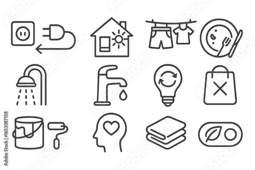 Home Sustainability Icons. Line style icons of home sustainability tips: unplug appliances icon, natural light icon, air dry