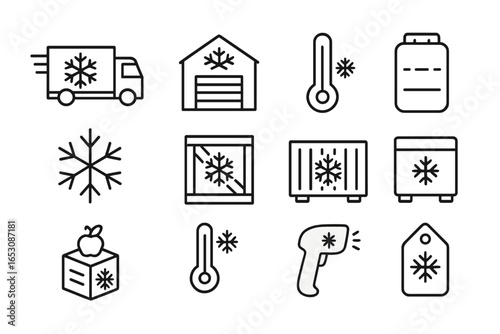 Cold Chain Icons. Line style icons of cold chain logistics: refrigerated truck, cold warehouse, temperature monitor, ice pack icon