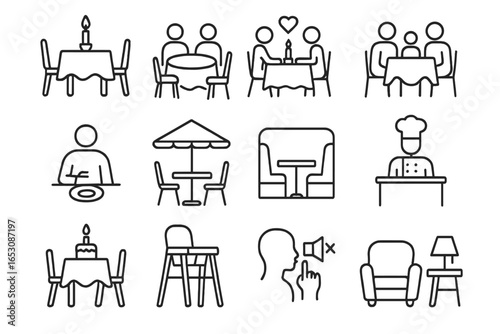 Dining Experience Icons. Line style icons of dining experiences: candlelight table, group dining icon, romantic dinner, family