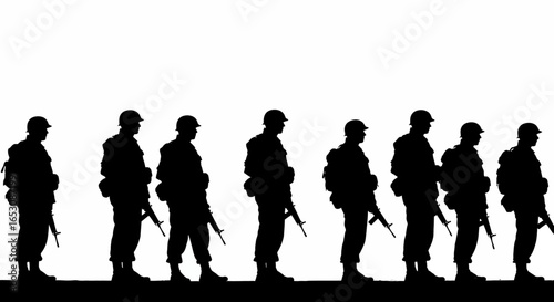 Silhouette of Soldiers Standing in Formation Holding Rifles with Backpacks Ready for Duty Prepared for Action and Combat Operations