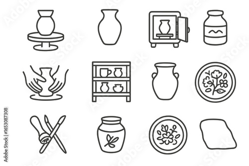 Ceramic Art Icons. Line style icons of ceramic art: pottery wheel, clay vase icon, kiln icon, wet hands shaping, drying shelf,