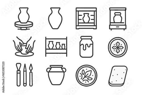 Ceramic Art Icons. Line style icons of ceramic art: pottery wheel, clay vase icon, kiln icon, wet hands shaping, drying shelf,