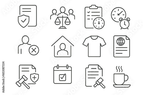 Workplace Policy Icons. Line style icons of workplace policies: code of conduct, equal opportunity policy, attendance rule,