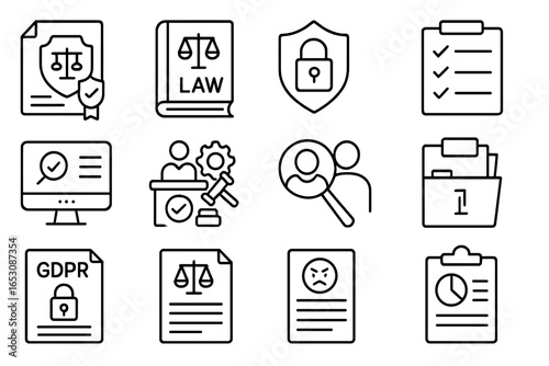 HR Compliance Icons. Line style icons of HR compliance: legal policy file, labor law book, data protection icon, audit checklist,