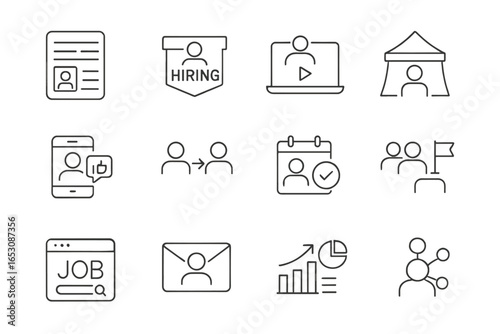 Talent Acquisition Icons. Line style icons of talent acquisition campaigns: job ad icon, hiring banner, recruitment video, career