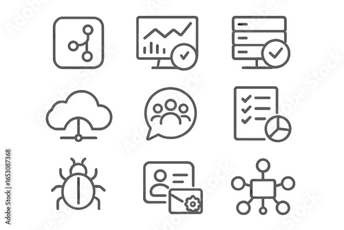Tech Tools Icons. Line style icons of tech startup tools: code repository icon, analytics dashboard, server uptime icon, cloud