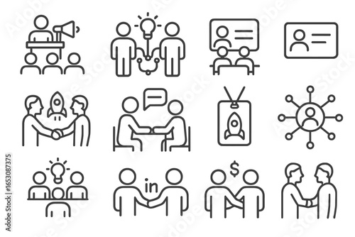 Startup Networking Icons. Line style icons of startup networking: pitch event, tech meetup icon, startup fair, business card icon,