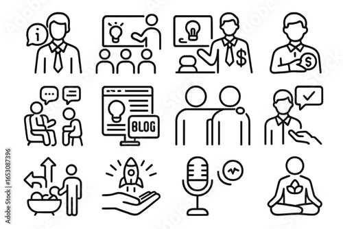 Startup Support Icons. Line style icons of startup support: advisor icon, mentor board, investor guide, founder therapy icon,