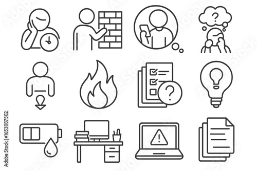 Productivity Blockers Icons. Line style icons of productivity blockers: procrastination icon, perfectionism wall, distraction