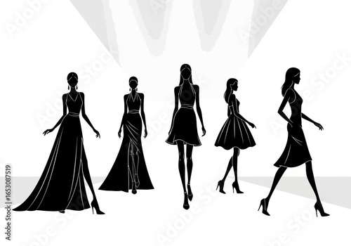 Stylish silhouettes of elegant women modeling fashionable evening gowns and dresses on a bright illuminated runway showcasing haute couture designs and sophisticated apparel