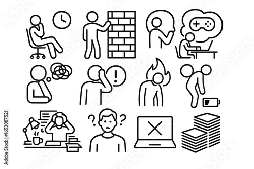 Productivity Blockers Icons. Line style icons of productivity blockers: procrastination icon, perfectionism wall, distraction