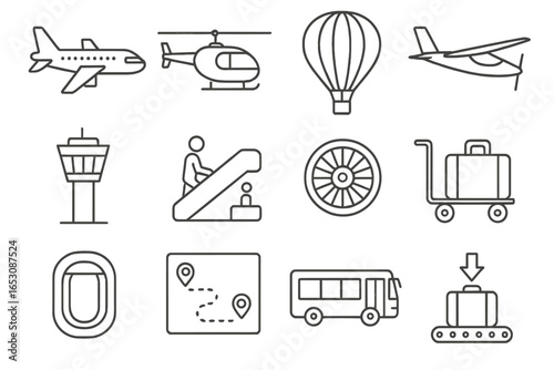 Air Transport Icons. Line style icons of air transport: airplane icon, helicopter icon, hot air balloon, glider icon, air traffic