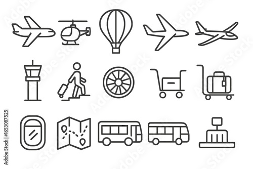 Air Transport Icons. Line style icons of air transport: airplane icon, helicopter icon, hot air balloon, glider icon, air traffic