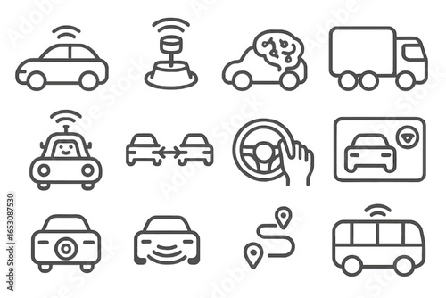 Autonomous Vehicle Icons. Line style icons of autonomous vehicles: self-driving car, lidar sensor icon, AI vehicle brain,