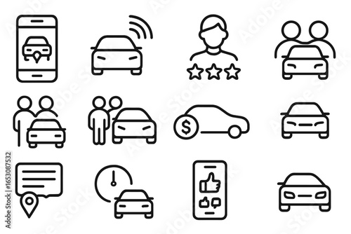 Ride-Hailing Icons. Line style icons of ride-hailing: app request icon, car arrival alert, driver rating stars, carpool option