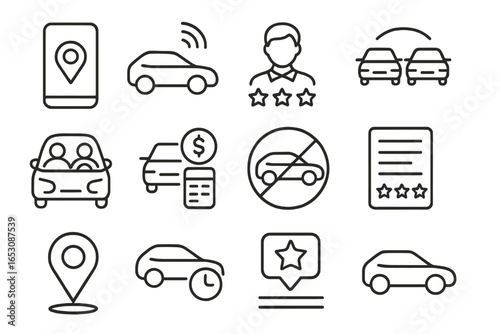 Ride-Hailing Icons. Line style icons of ride-hailing: app request icon, car arrival alert, driver rating stars, carpool option
