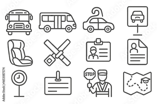 School Transport Icons. Line style icons of school and community transport: school bus icon, community shuttle, carpool tag,