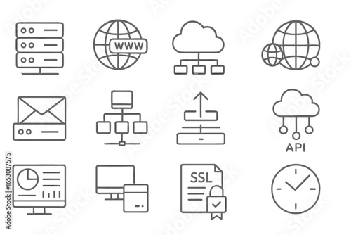 Internet Services Icons. Line style icons of internet services: web hosting icon, domain name icon, cloud service, CDN icon, email