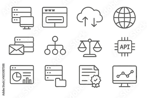 Internet Services Icons. Line style icons of internet services: web hosting icon, domain name icon, cloud service, CDN icon, email