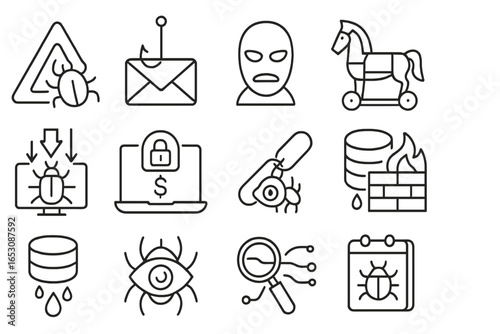 Cybercrime Icon Set. Line style icons of cybercrime and attacks: malware alert icon, phishing email icon, hacker mask, trojan