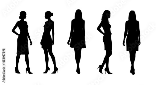 A Collection of Diverse Female Silhouettes Showcasing Various Fashionable Poses and Styles in Elegant Attire Suitable for Professional and Social Occasions