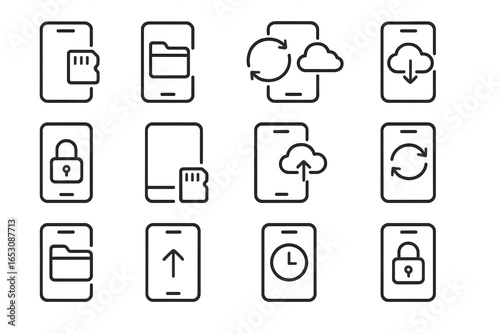 Mobile Storage Icons. Line style icons of mobile storage and sync: phone storage icon, mobile file manager, sync across devices