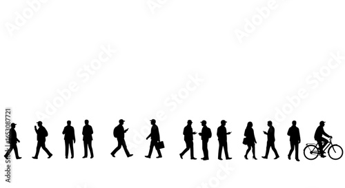A diverse group of silhouettes representing pedestrians and a cyclist moving in the same direction against a clean white background showcasing urban mobility and daily commutes