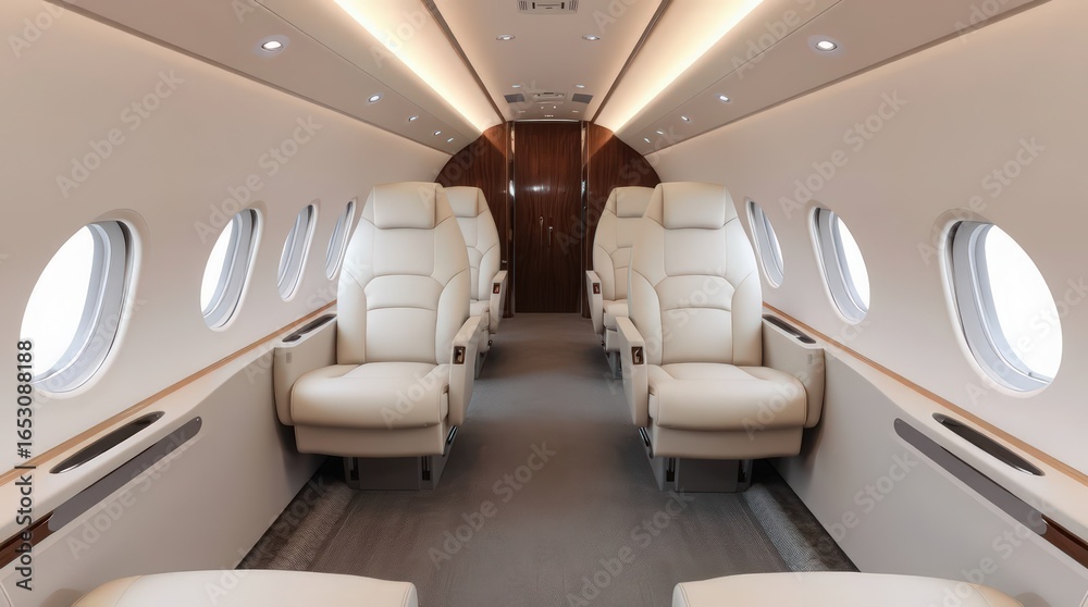 Obraz premium Luxury private jet interior with comfortable leather seats and elegant lighting