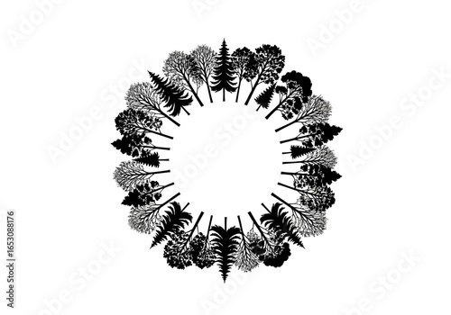 A Circle of Diverse Trees Showcasing Various Forest Ecosystems and Botanical Variety in a Stylized Black and White Artistic Illustration Symbolizing Nature's Growth and Renewal