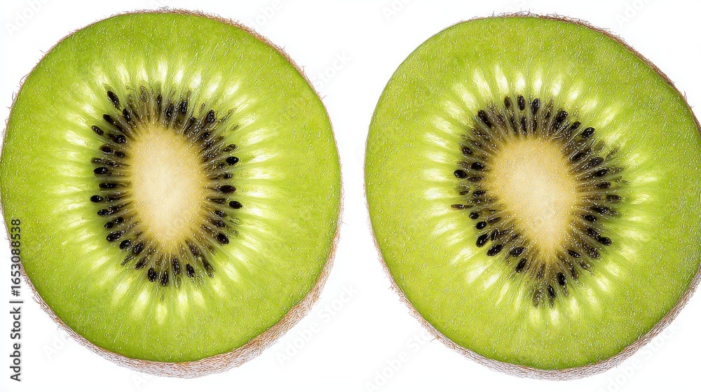 Fototapeta premium Fresh kiwi slices showcasing vibrant green flesh and tiny black seeds on white surface