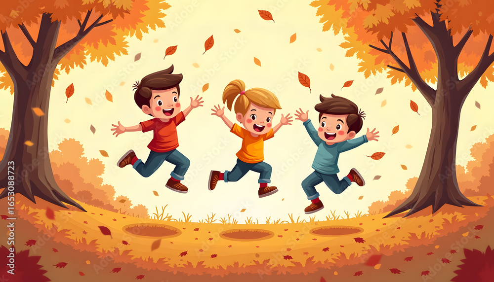 Fototapeta premium Three happy kids are jumping and playing in a colorful autumn scene with falling leaves.