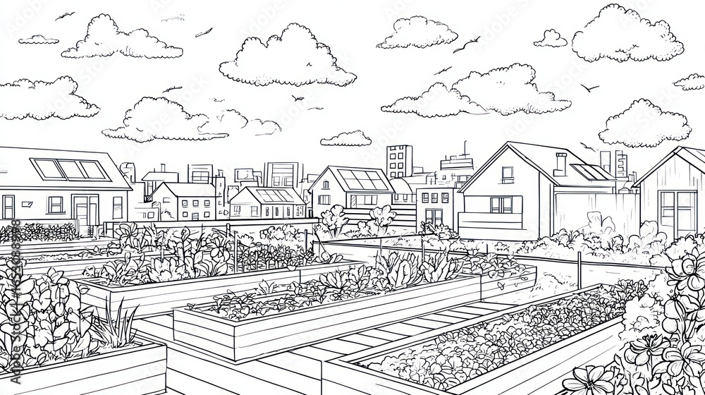 Obraz premium Urban rooftop garden scene. Sketch of raised beds filled with plants and flowers, on top of homes in a city, with a cloudy sky above