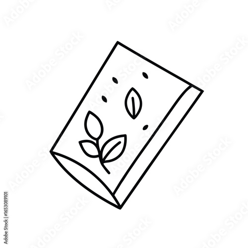 Minimalist Line Drawing of Rectangular Packet with Leaf Design in Monochrome Outline Style
