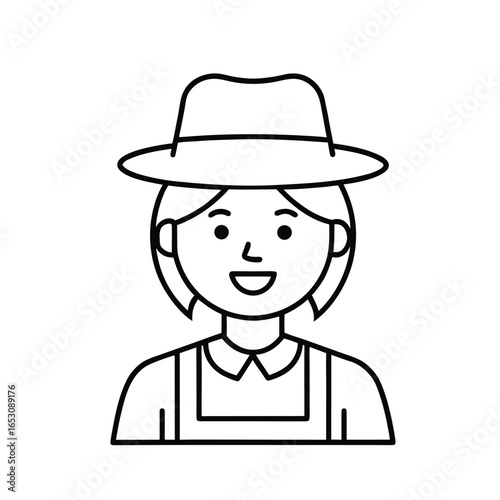 Minimalist Line Drawing of Smiling Person Wearing Hat, Collared Shirt, and Overalls – Monochrome Character Illustration