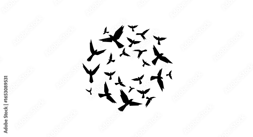 Naklejka premium A swirling formation of silhouette birds circling in a circular pattern against a pure white background creating an abstract artistic design of freedom and unity