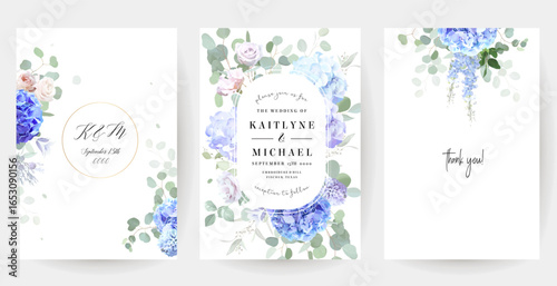 Bridgerton inspired pastel floral vector design frames. Blue delphinium, white peony, pink rose, magnolia, hyacinth, hydrangea, greenery and plants. All flowers and branches are isolated and movable.