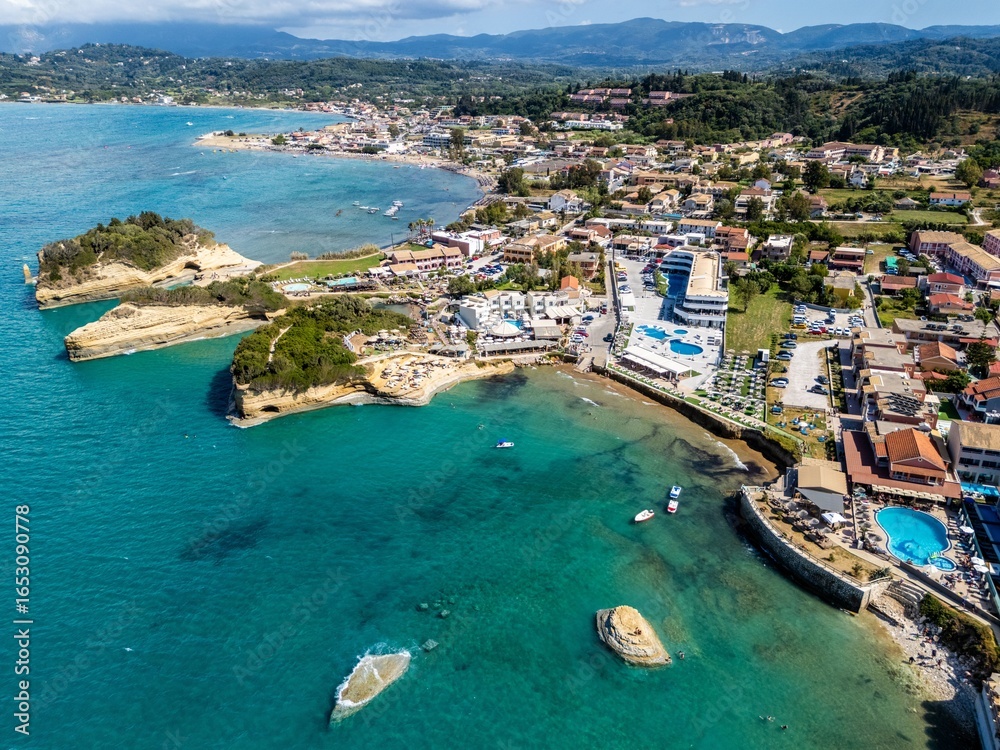 Fototapeta premium Aerial view of Sidari, Corfu showcasing turquoise waters.