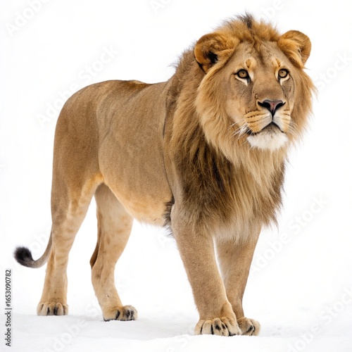 Majestic lion looking straight at camera, white background