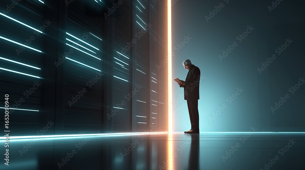 Fototapeta premium Businessperson using tablet in modern server room