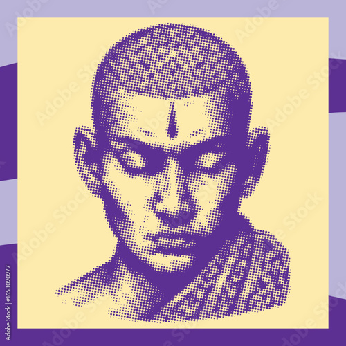 Template dot halftone decor design digital art vector of a Buddhist monk with a shaved head in purple color