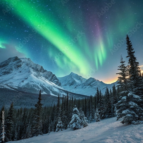 Northern lights over snowy mountains and pine forest, magical night sky scenery