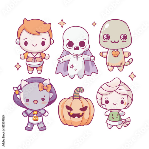 Set of adorable vector Halloween characters little ghost