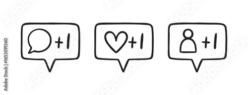 follower notification for Social media network signs. Icon comment, like, follower doodle hand drawn icon. Outline drawing line clipart symbol