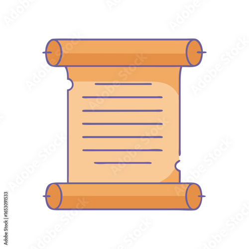 Old parchment scroll icon with text lines. Ancient paper document scroll for game or mobile app. Flat style fantasy concept vector icon