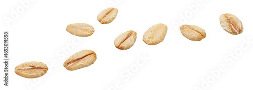 Levitating Oat flakes isolated on white background.Rolled oat flakes falling in the air. Flying oats Explosion. Top view. Flat lay