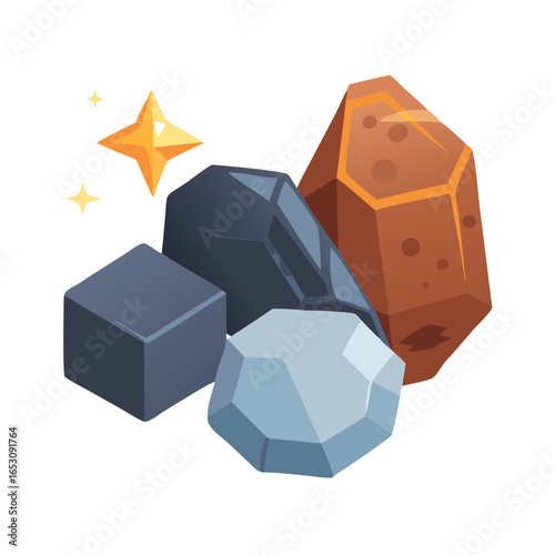 A collection of stylized fantasy game resource rocks and elements, including a gold star. Isometric icon for game or mobile app