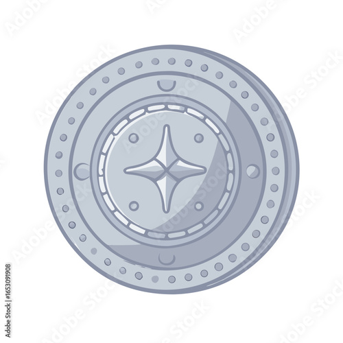 Silver color fantasy game coin or medal icon with star shape for mobile application, game design. Vector illustration