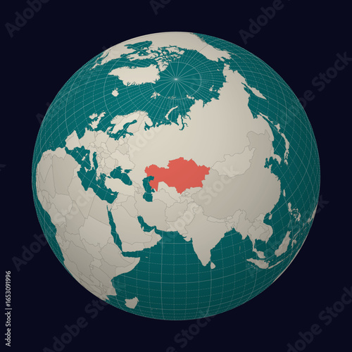 Republic of Kazakhstan on the map. Globe centered to Kazakhstan. Country location on the world map. Teal Pale Mint color palette. Globe with countries, meridians and parallels.